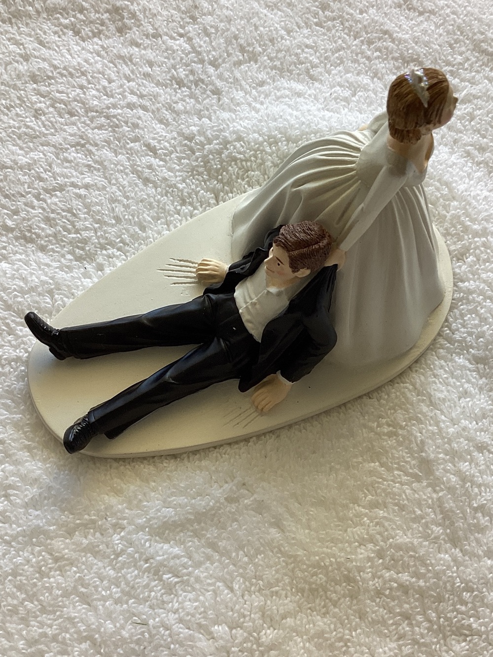 Playful Bride Pulling Groom Wedding Cake Topper – White & Black - Picture 3 of 3